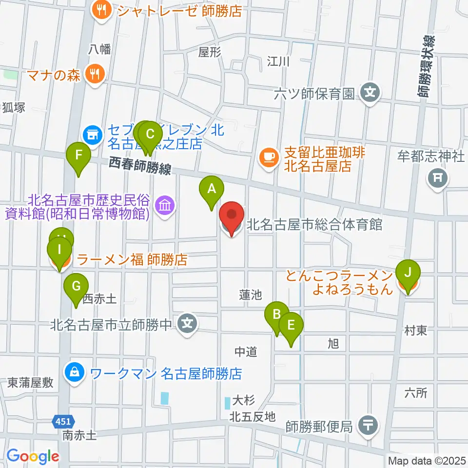 北名古屋市総合体育館周辺のファミレス・ファーストフード一覧地図