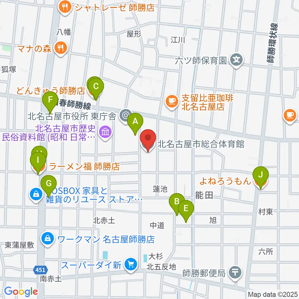 北名古屋市総合体育館周辺のファミレス・ファーストフード一覧地図
