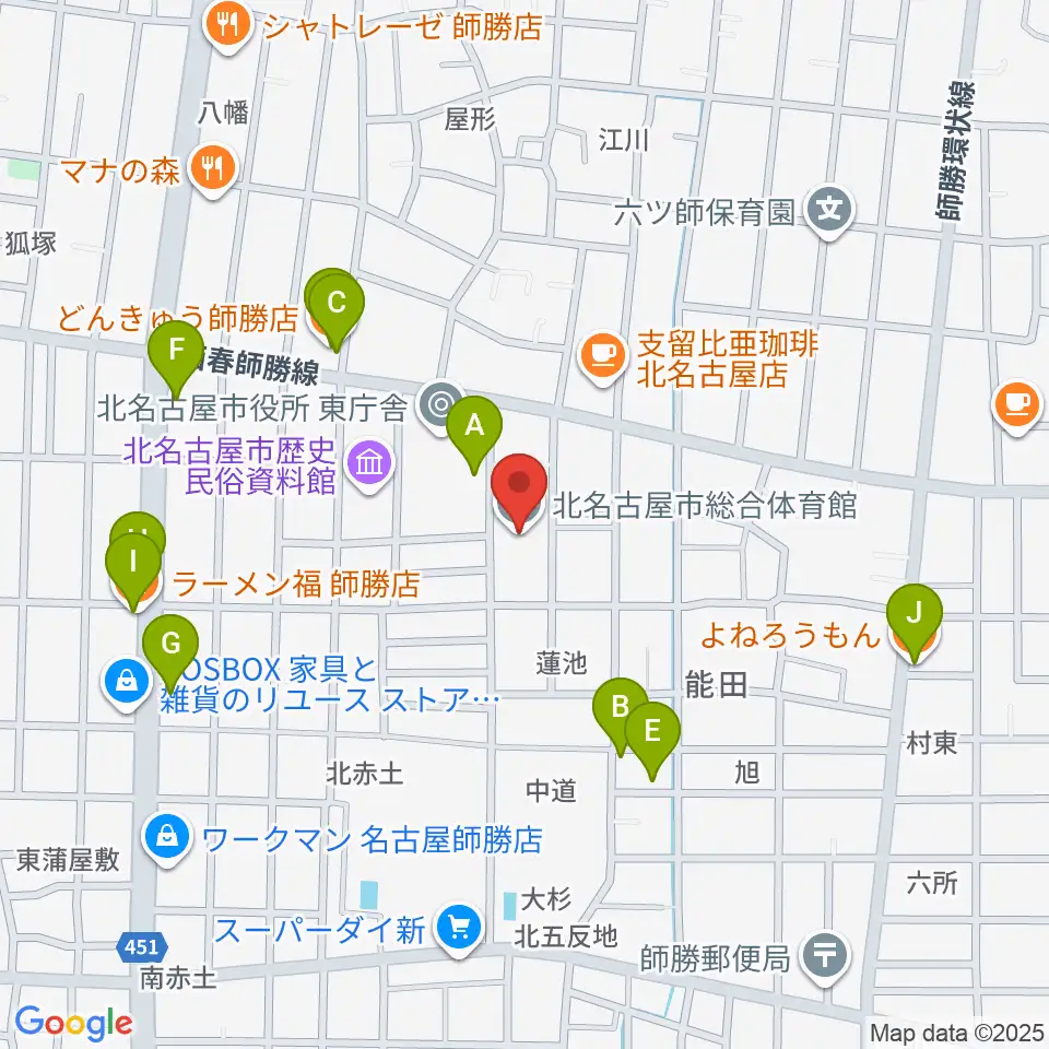 北名古屋市総合体育館周辺のファミレス・ファーストフード一覧地図
