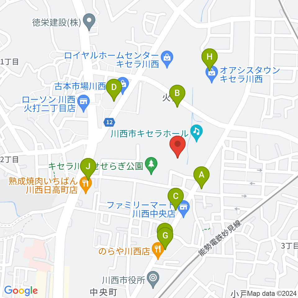 川西市総合体育館周辺のファミレス・ファーストフード一覧地図