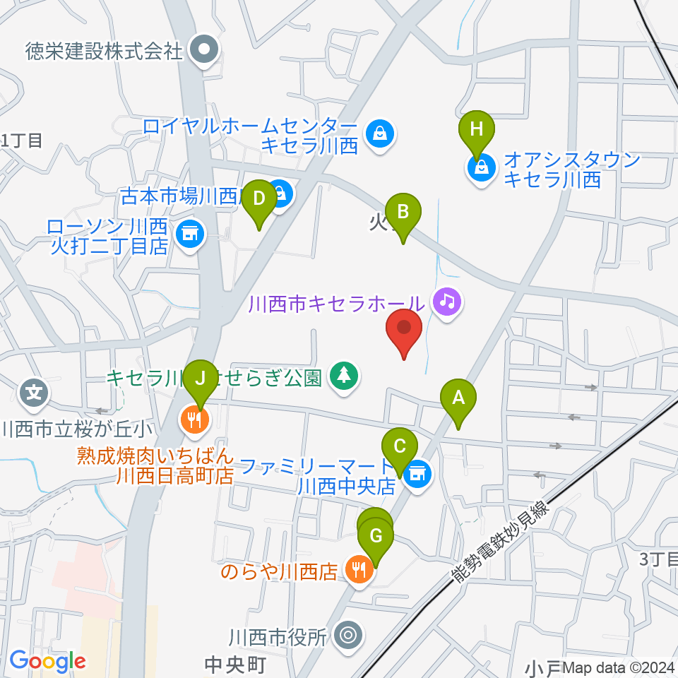 川西市総合体育館周辺のファミレス・ファーストフード一覧地図