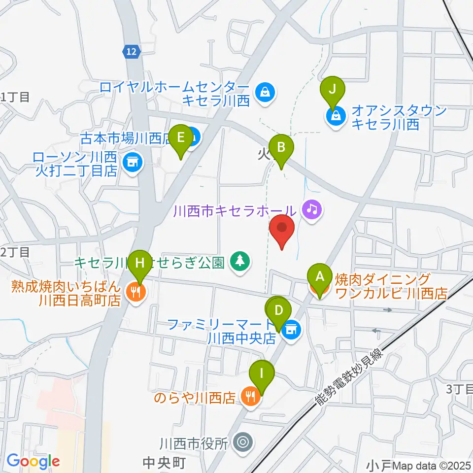 川西市総合体育館周辺のファミレス・ファーストフード一覧地図