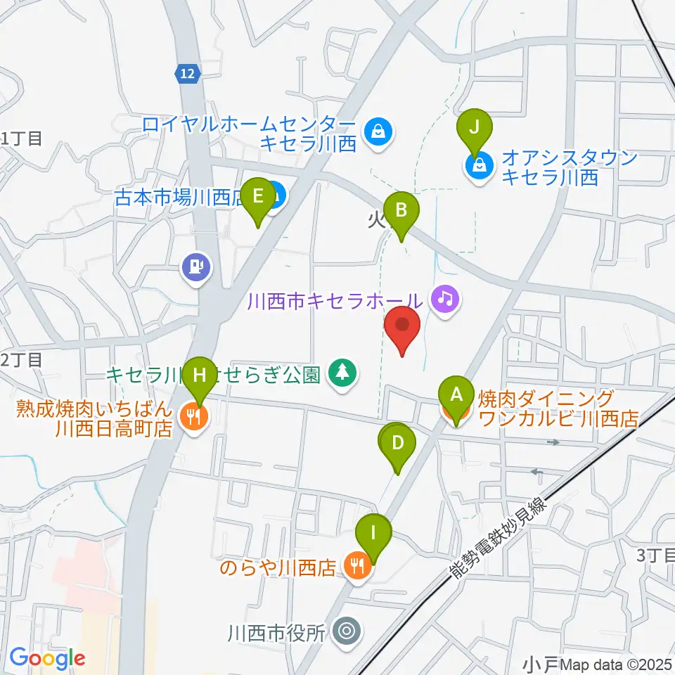 川西市総合体育館周辺のファミレス・ファーストフード一覧地図