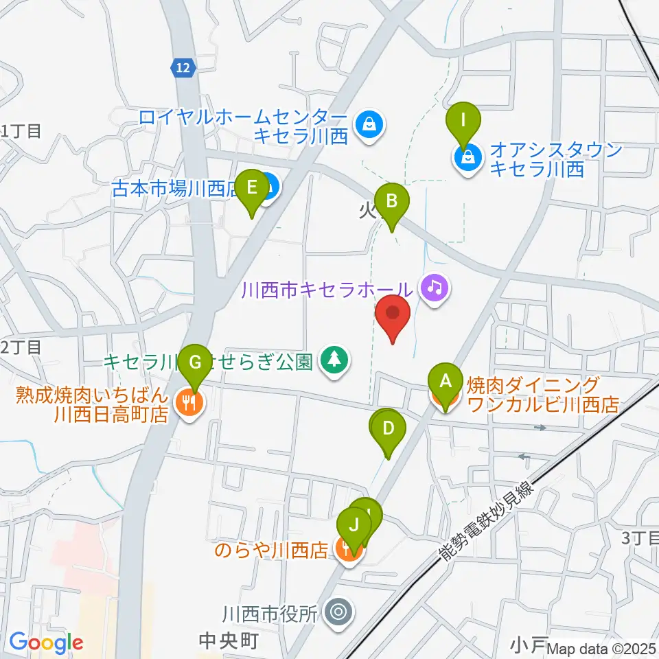 川西市総合体育館周辺のファミレス・ファーストフード一覧地図