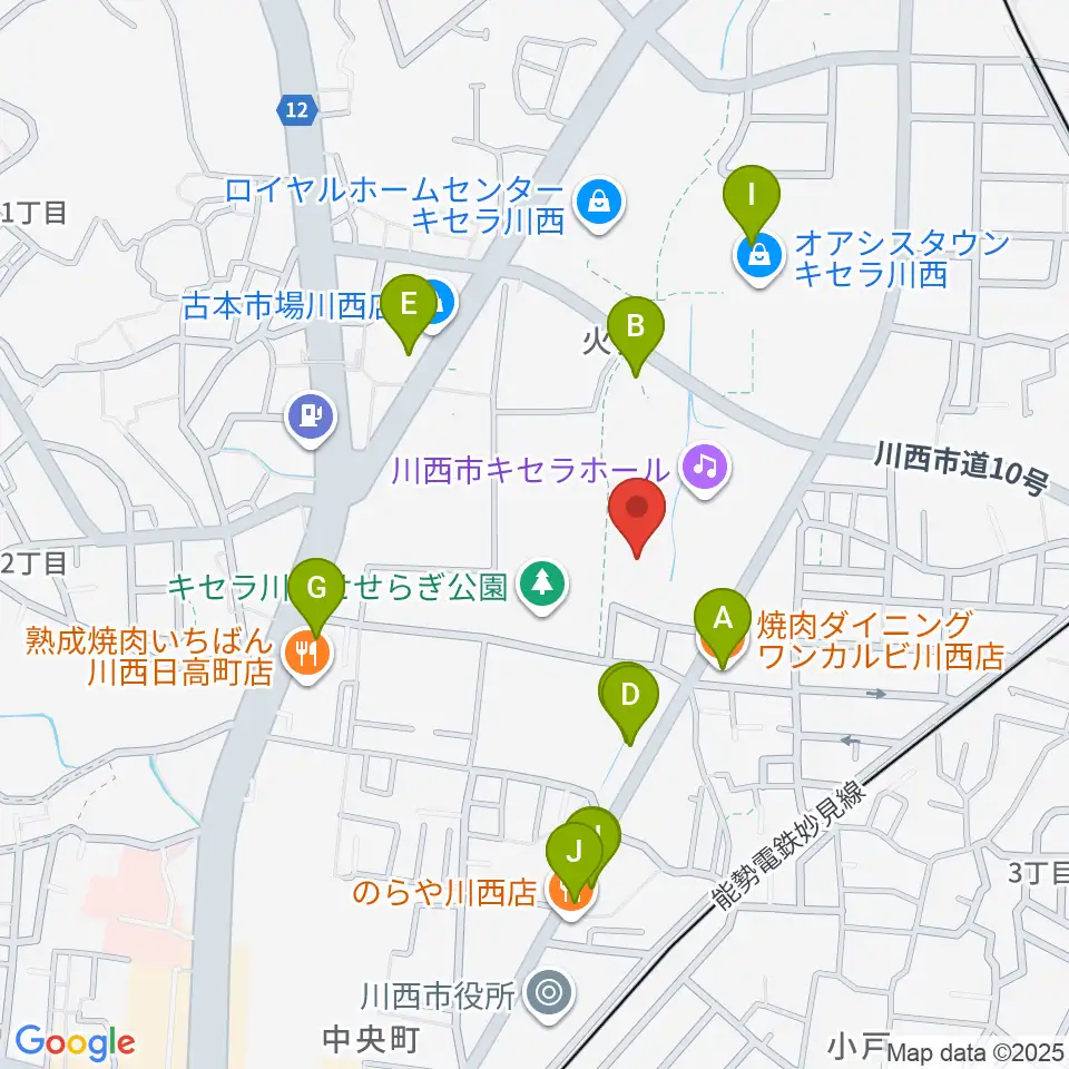 川西市総合体育館周辺のファミレス・ファーストフード一覧地図