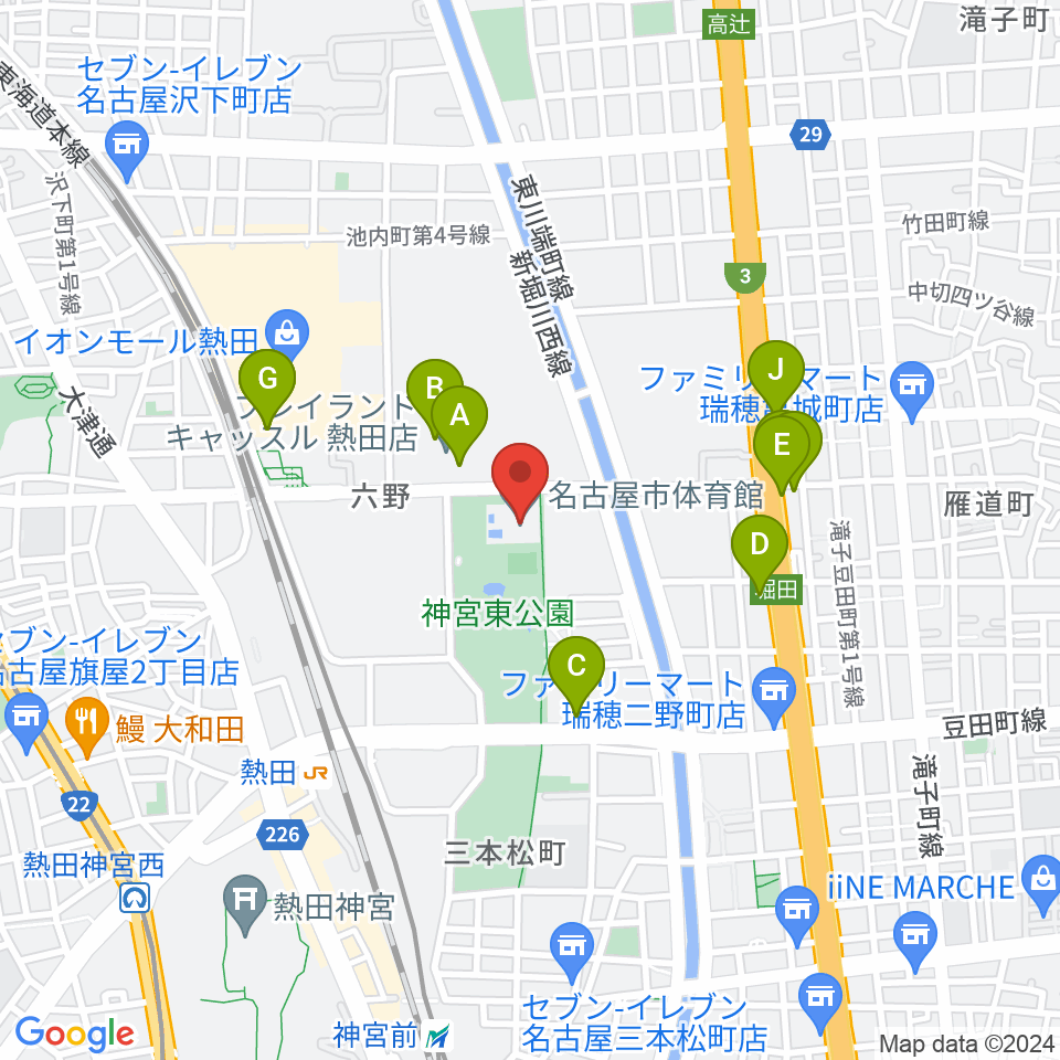 名古屋市体育館周辺のファミレス・ファーストフード一覧地図