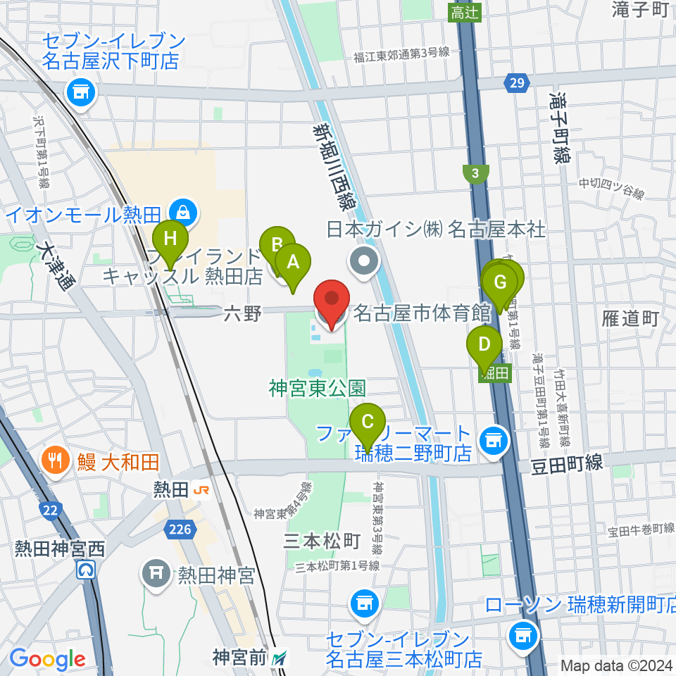 名古屋市体育館周辺のファミレス・ファーストフード一覧地図