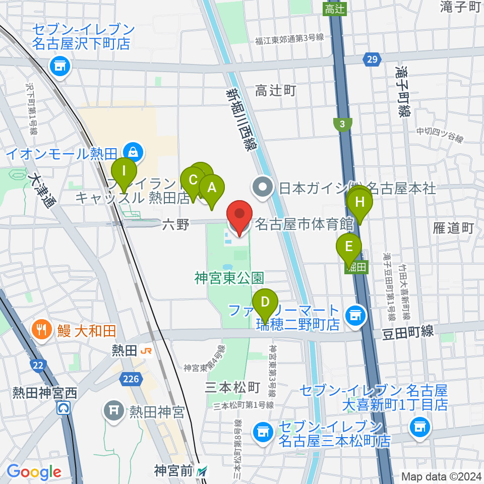 名古屋市体育館周辺のファミレス・ファーストフード一覧地図