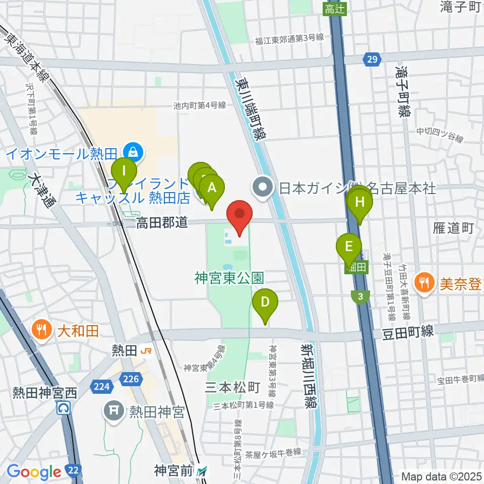 名古屋市体育館周辺のファミレス・ファーストフード一覧地図