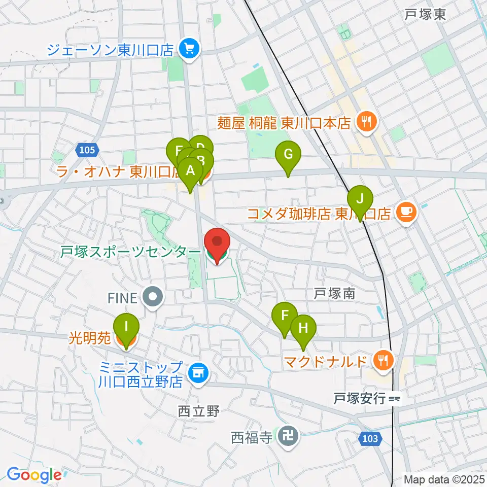 川口市立戸塚スポーツセンター周辺のファミレス・ファーストフード一覧地図