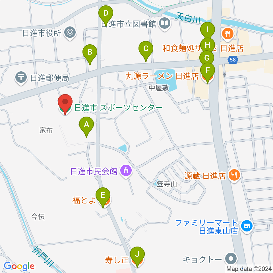 日進市スポーツセンター周辺のファミレス・ファーストフード一覧地図