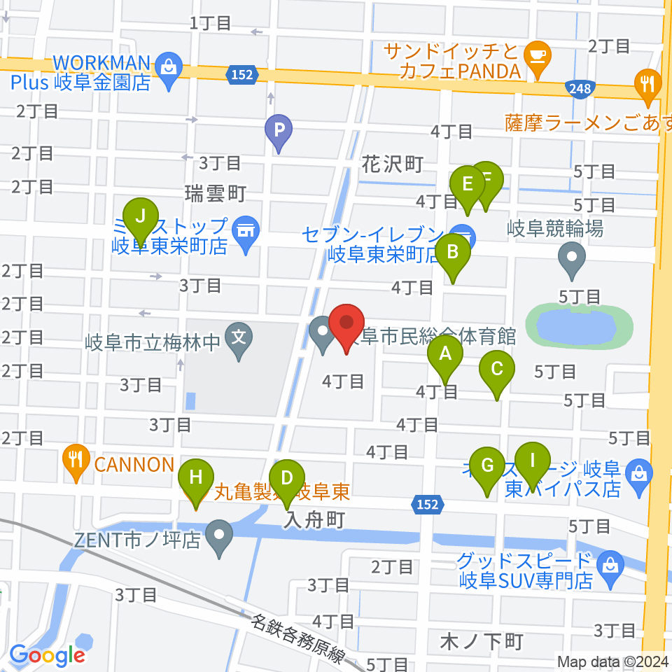 岐阜市民総合体育館周辺のファミレス・ファーストフード一覧地図