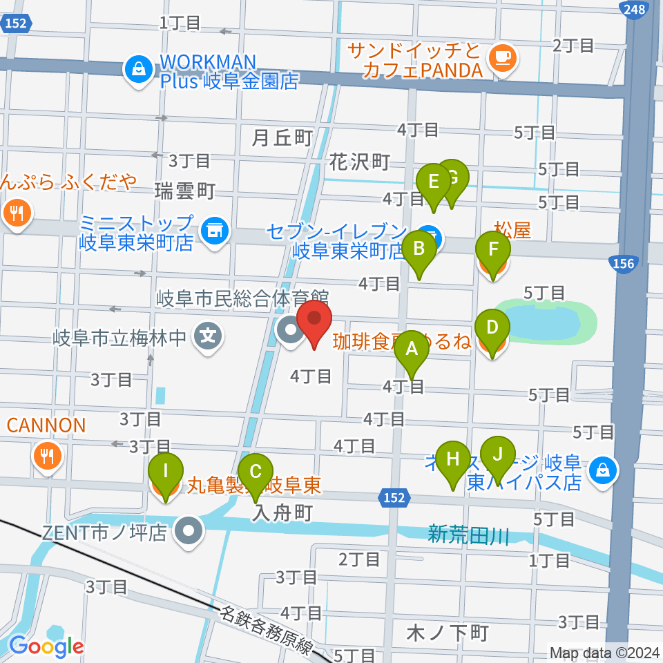 岐阜市民総合体育館周辺のファミレス・ファーストフード一覧地図