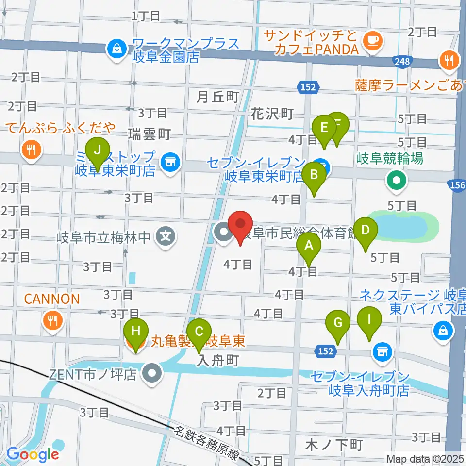 岐阜市民総合体育館周辺のファミレス・ファーストフード一覧地図