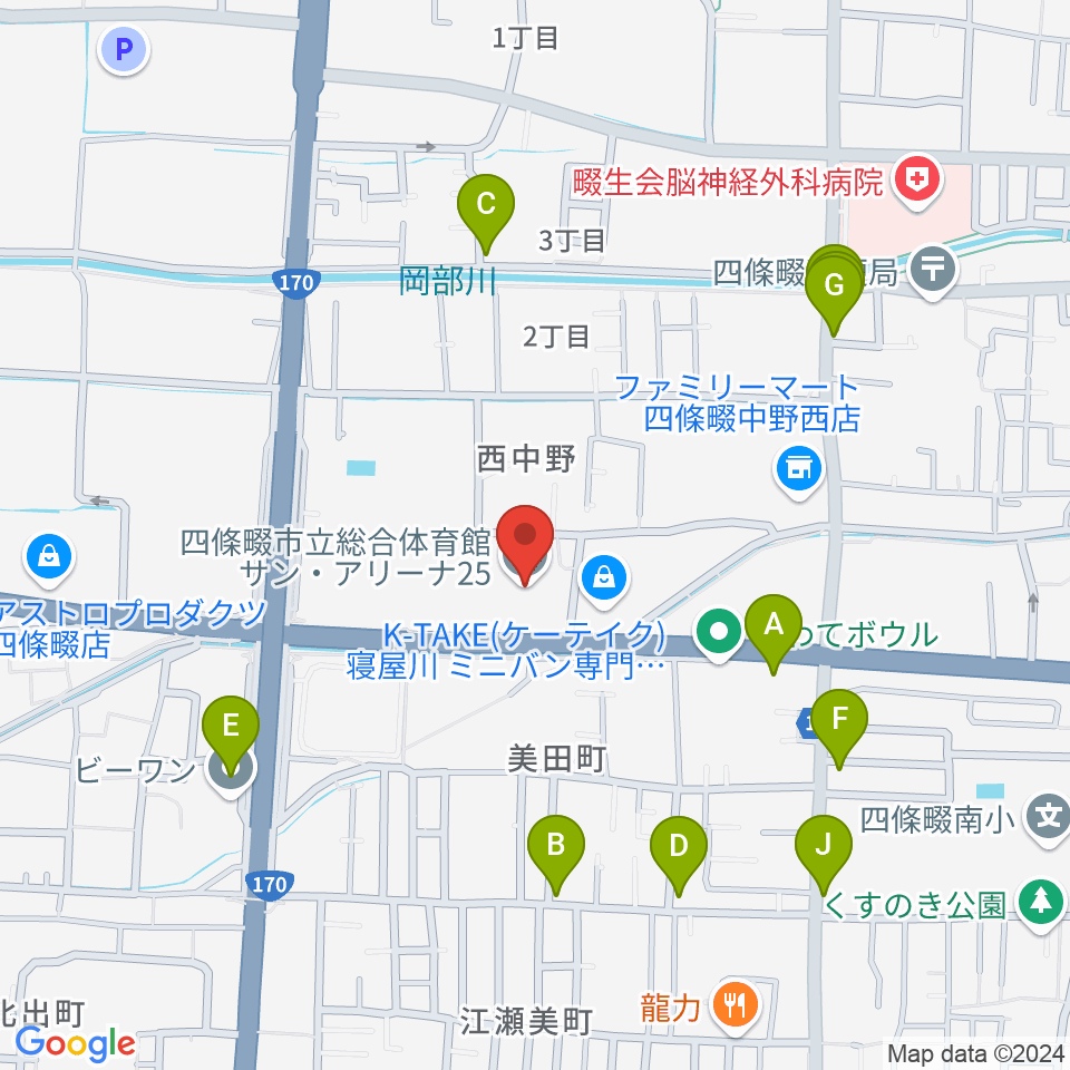 四條畷市立市民総合体育館サン・アリーナ25周辺のファミレス・ファーストフード一覧地図