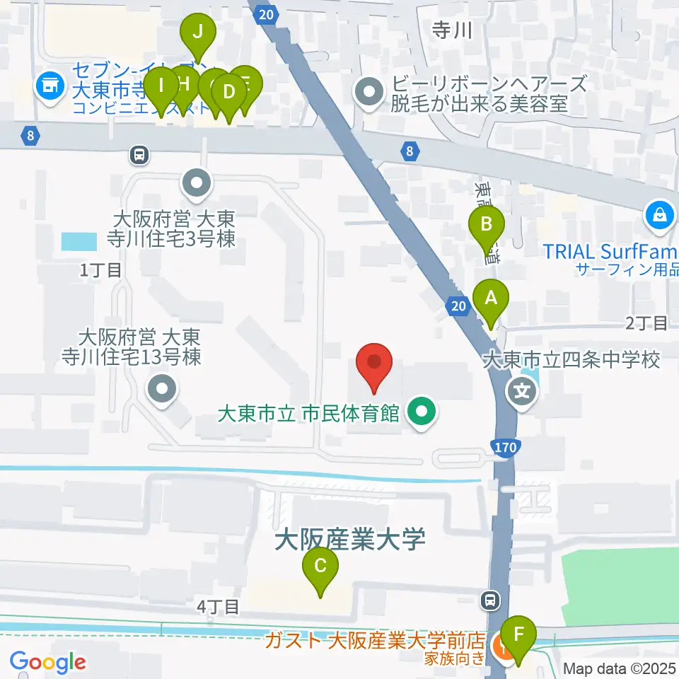 大東市立市民体育館周辺のファミレス・ファーストフード一覧地図