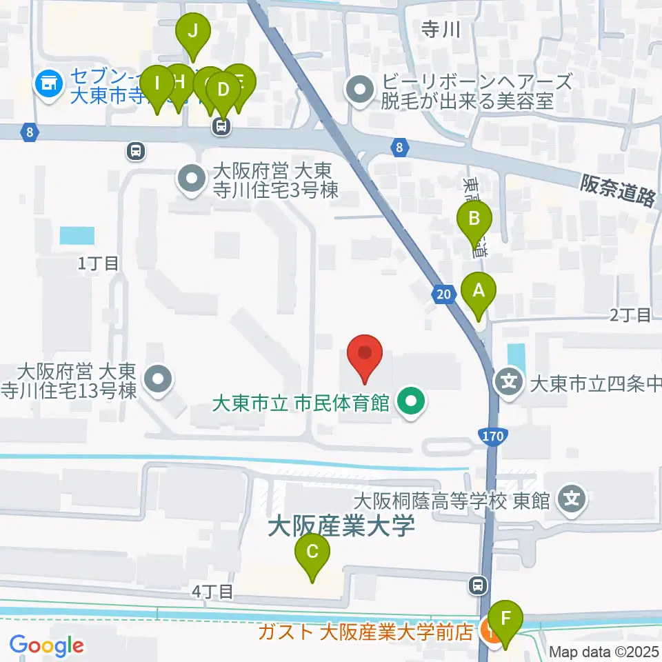 大東市立市民体育館周辺のファミレス・ファーストフード一覧地図