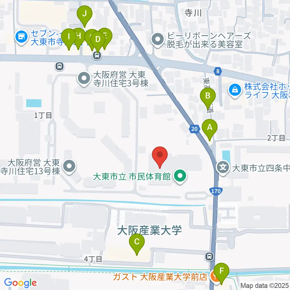 大東市立市民体育館周辺のファミレス・ファーストフード一覧地図