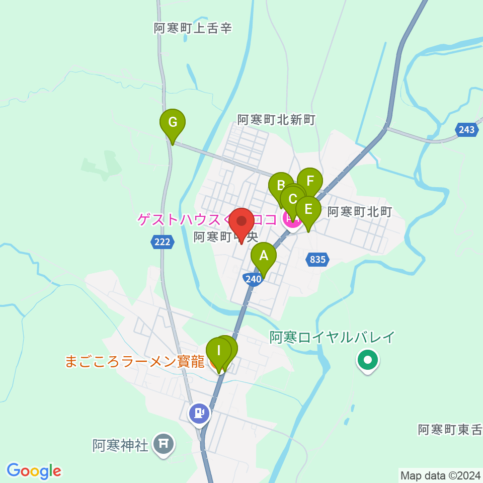 釧路市阿寒町スポーツセンター周辺のファミレス・ファーストフード一覧地図