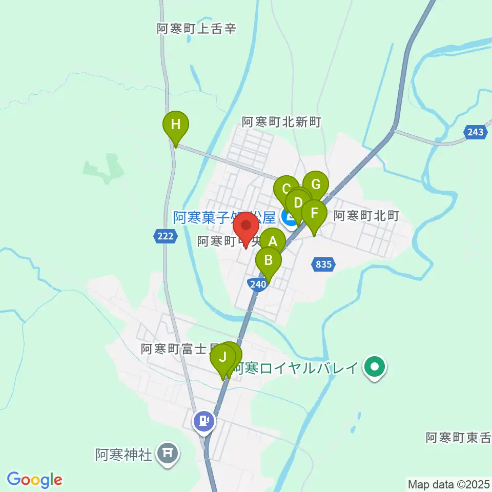 釧路市阿寒町スポーツセンター周辺のファミレス・ファーストフード一覧地図