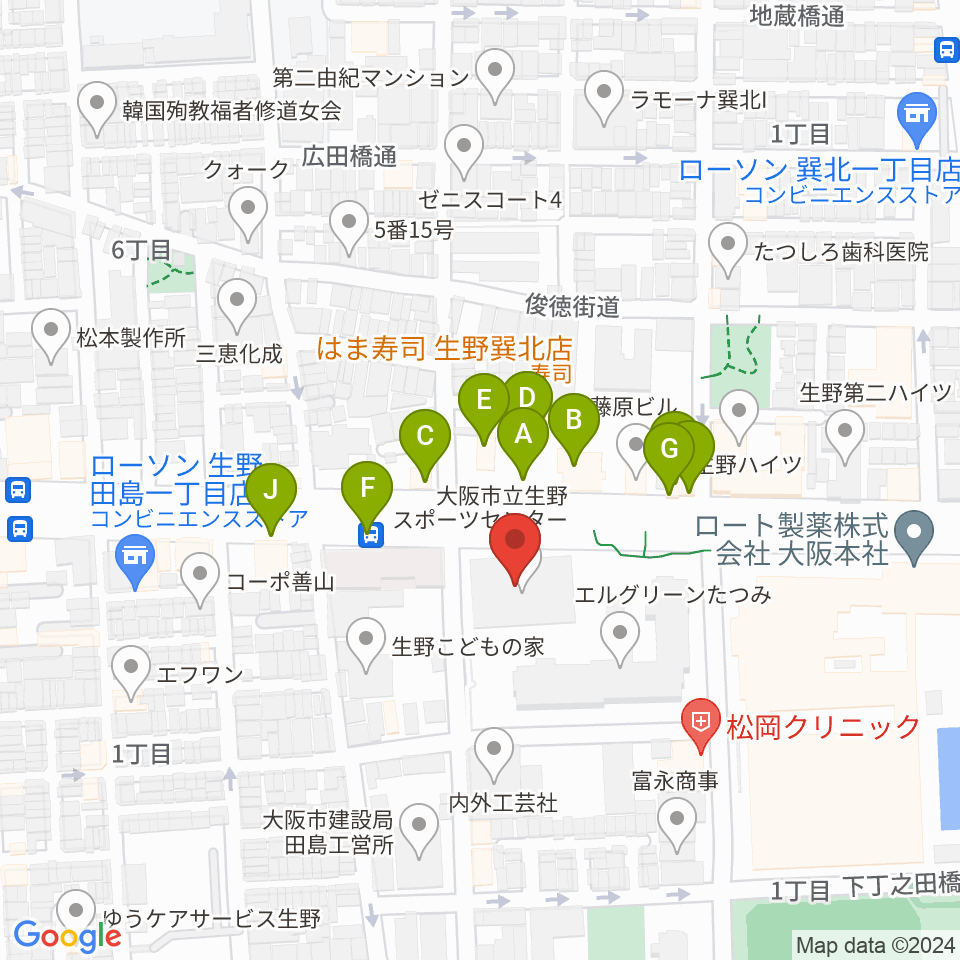 大阪市立生野スポーツセンター周辺のファミレス・ファーストフード一覧地図