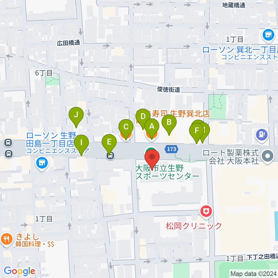 大阪市立生野スポーツセンター周辺のファミレス・ファーストフード一覧地図