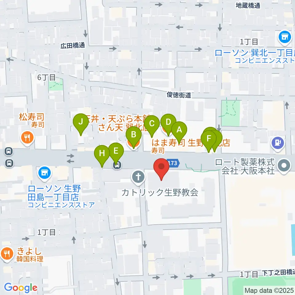 大阪市立生野スポーツセンター周辺のファミレス・ファーストフード一覧地図