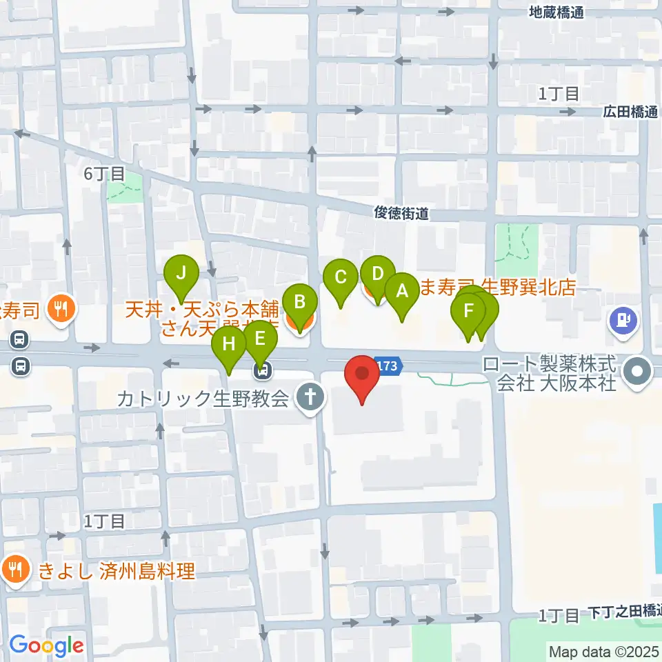 大阪市立生野スポーツセンター周辺のファミレス・ファーストフード一覧地図
