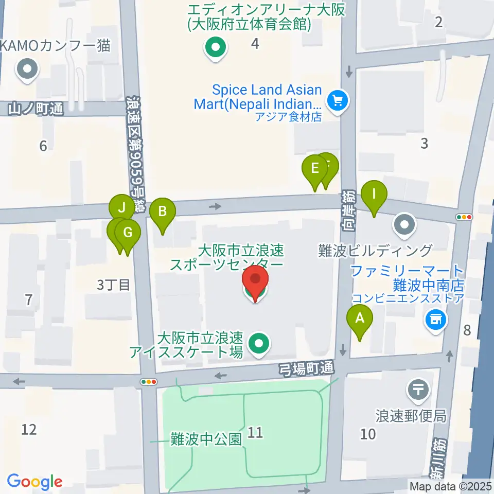 大阪市立浪速スポーツセンター周辺のファミレス・ファーストフード一覧地図