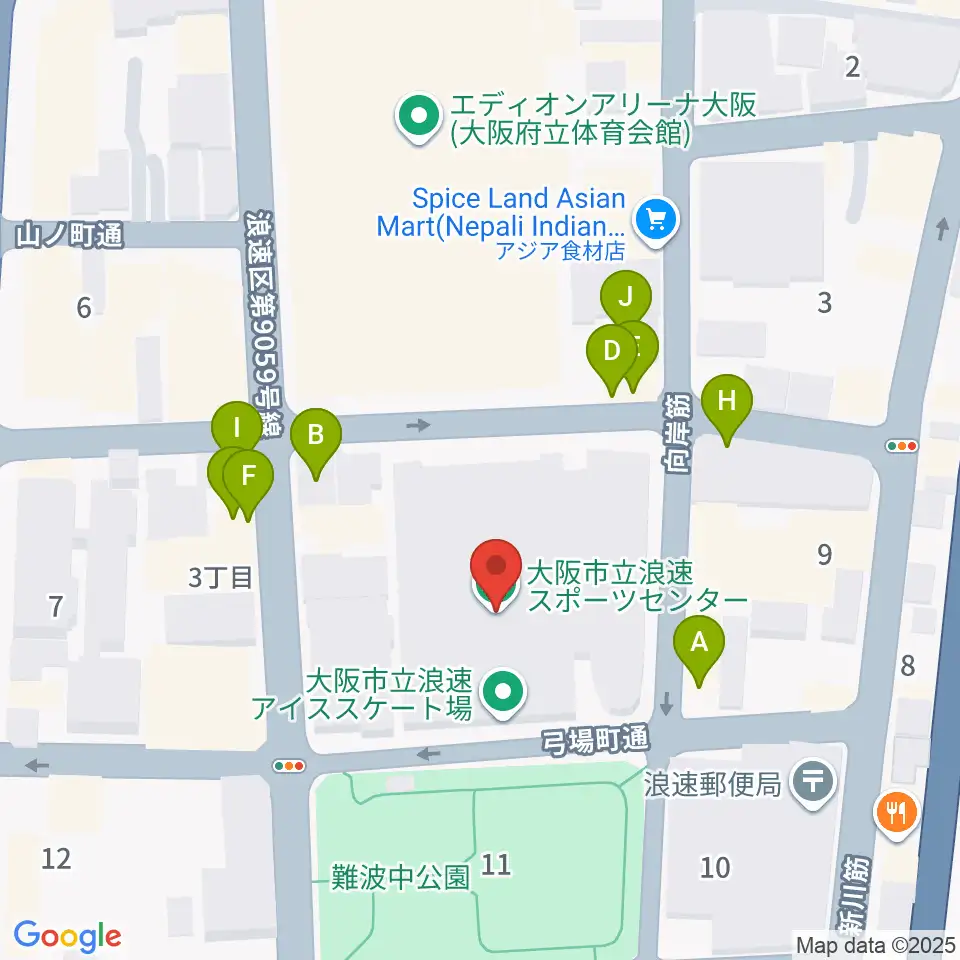 大阪市立浪速スポーツセンター周辺のファミレス・ファーストフード一覧地図