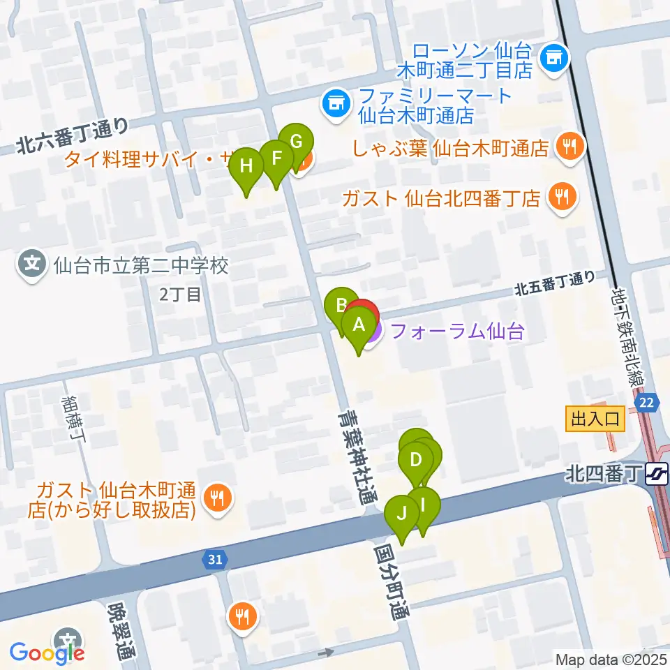フォーラム仙台周辺のファミレス・ファーストフード一覧地図