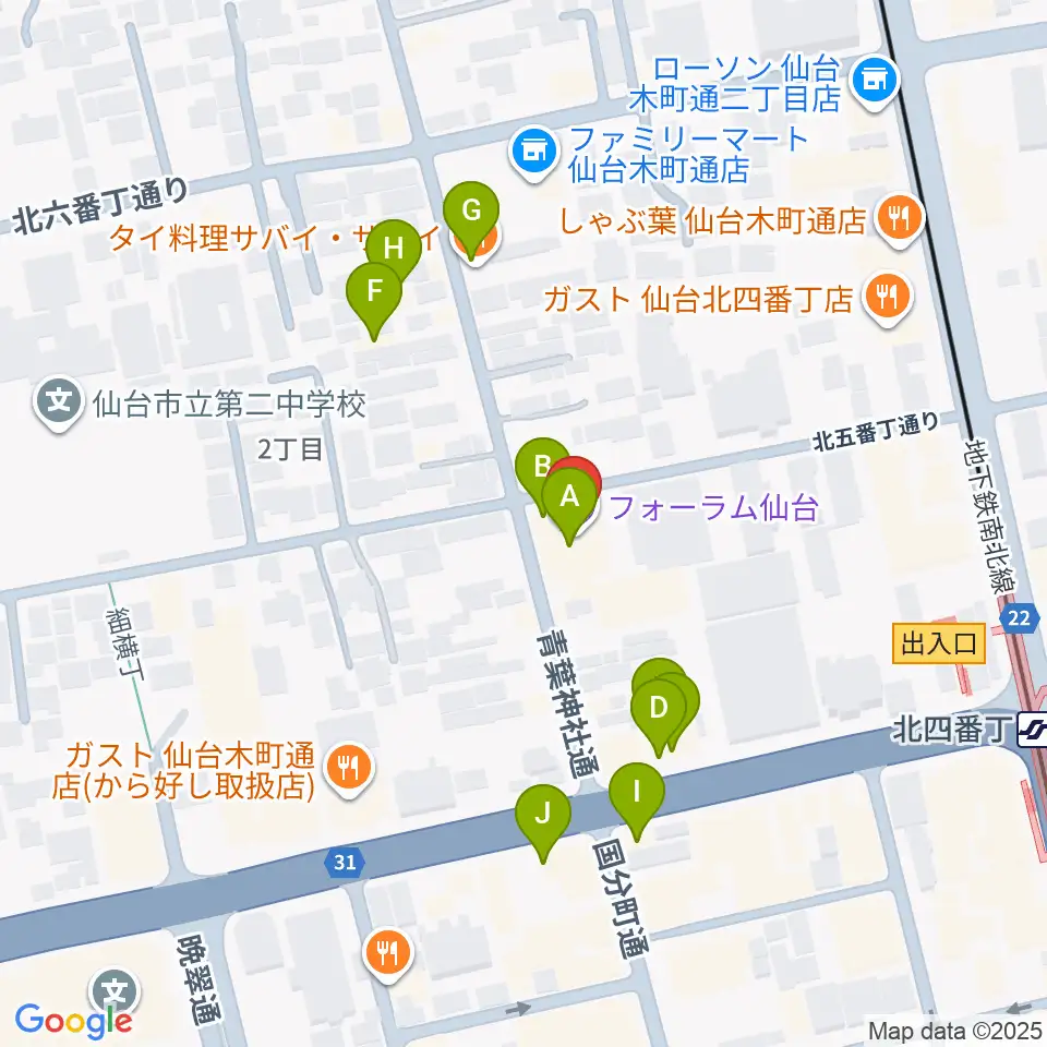 フォーラム仙台周辺のファミレス・ファーストフード一覧地図