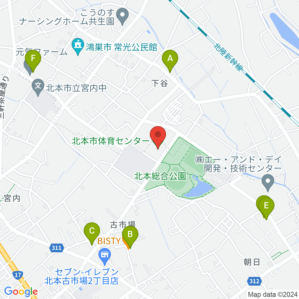 北本市体育センター周辺のファミレス・ファーストフード一覧地図