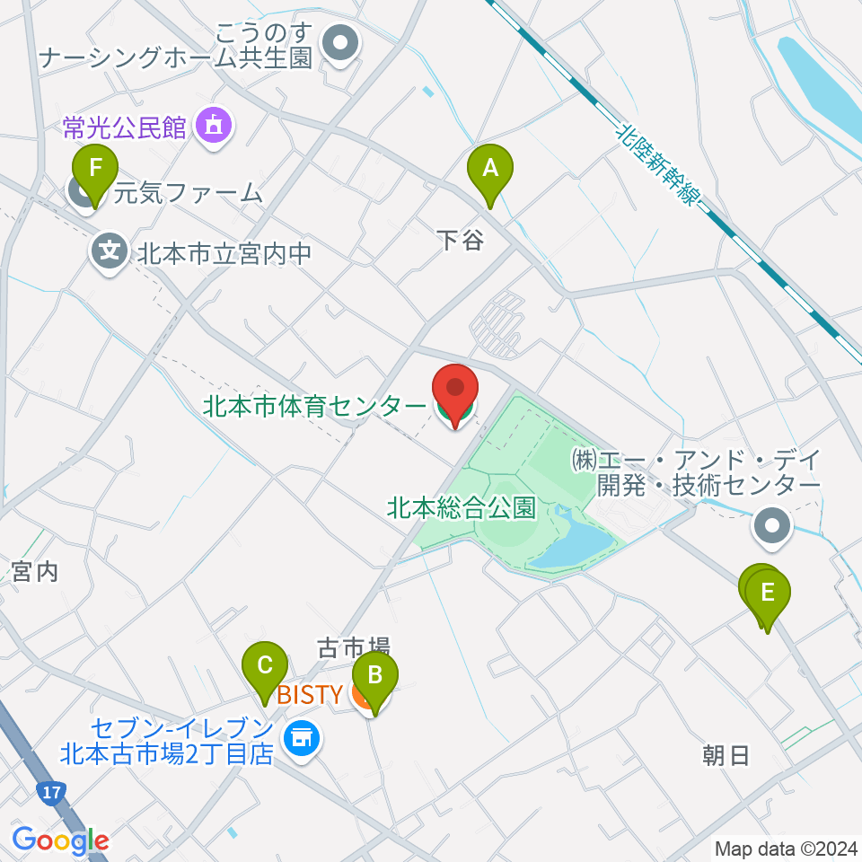 北本市体育センター周辺のファミレス・ファーストフード一覧地図