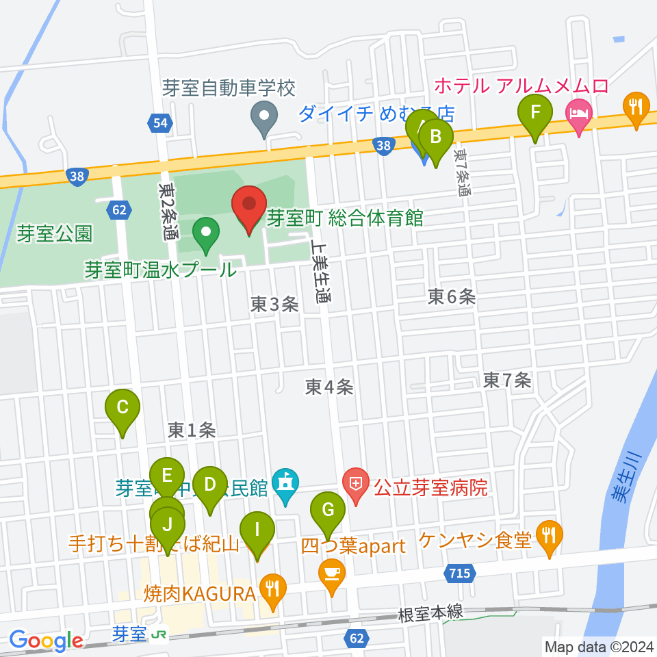 芽室町総合体育館周辺のファミレス・ファーストフード一覧地図