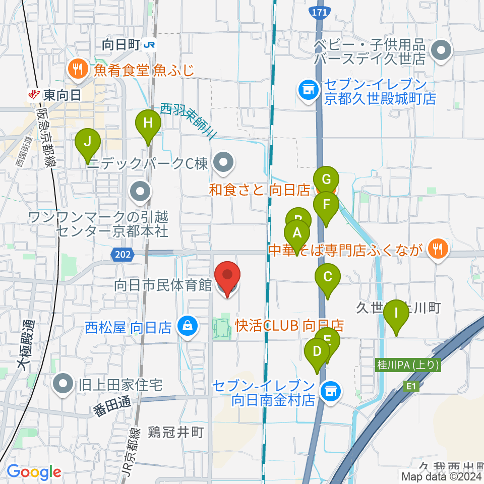 向日市民体育館周辺のファミレス・ファーストフード一覧地図