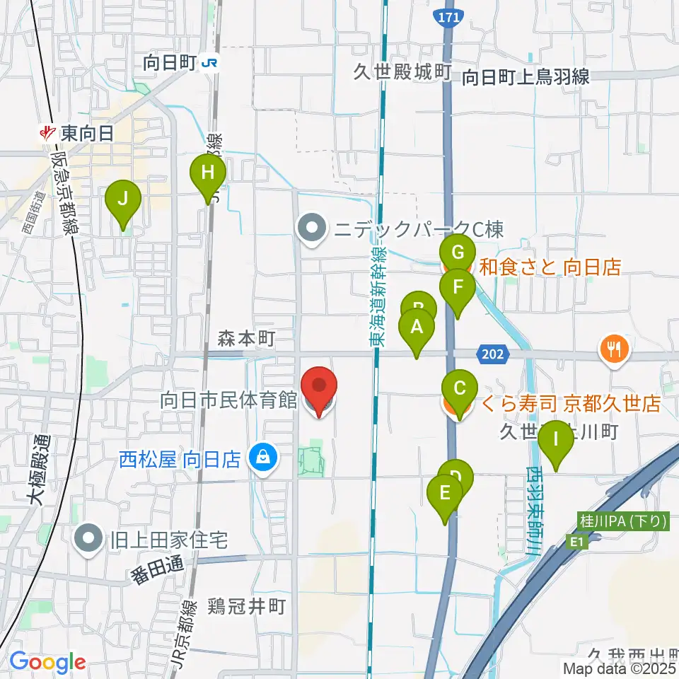 向日市民体育館周辺のファミレス・ファーストフード一覧地図
