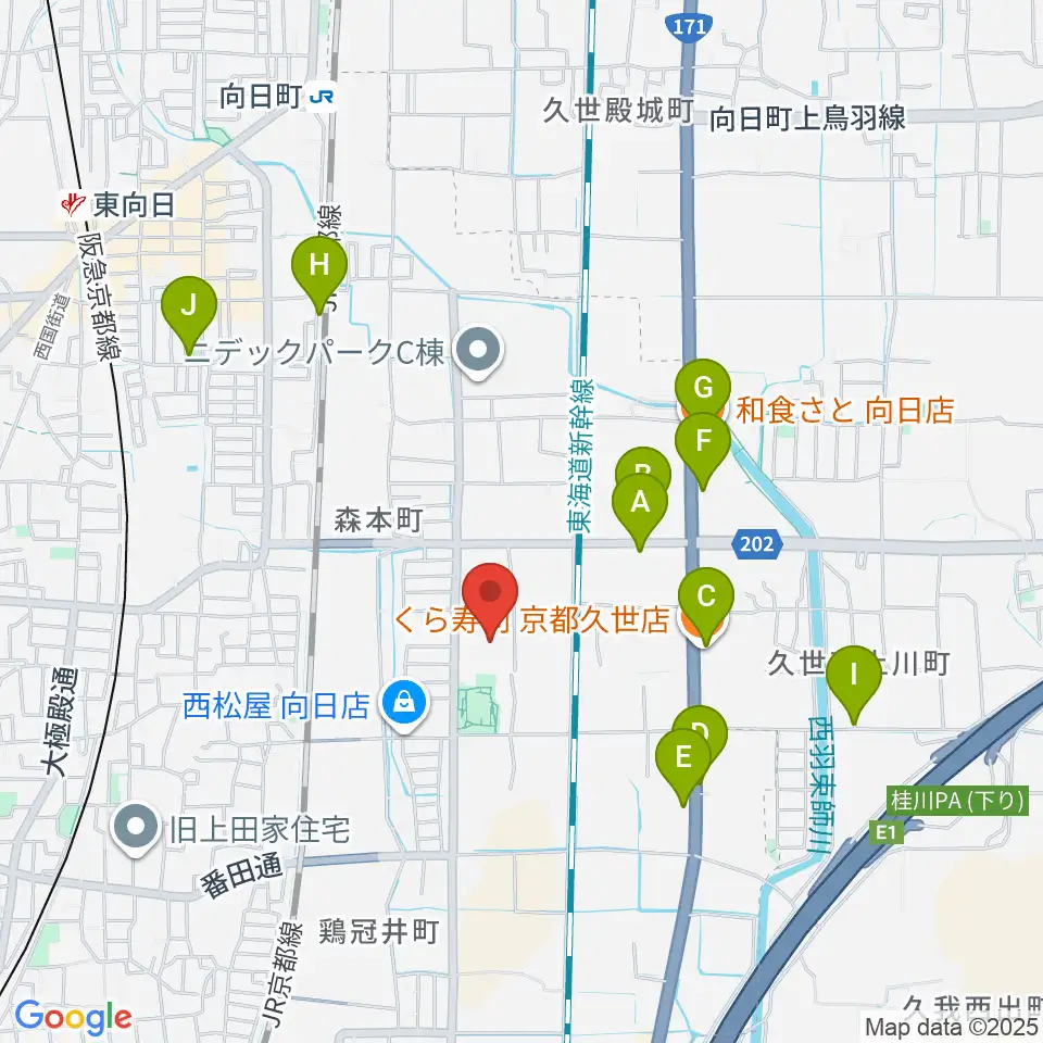 向日市民体育館周辺のファミレス・ファーストフード一覧地図