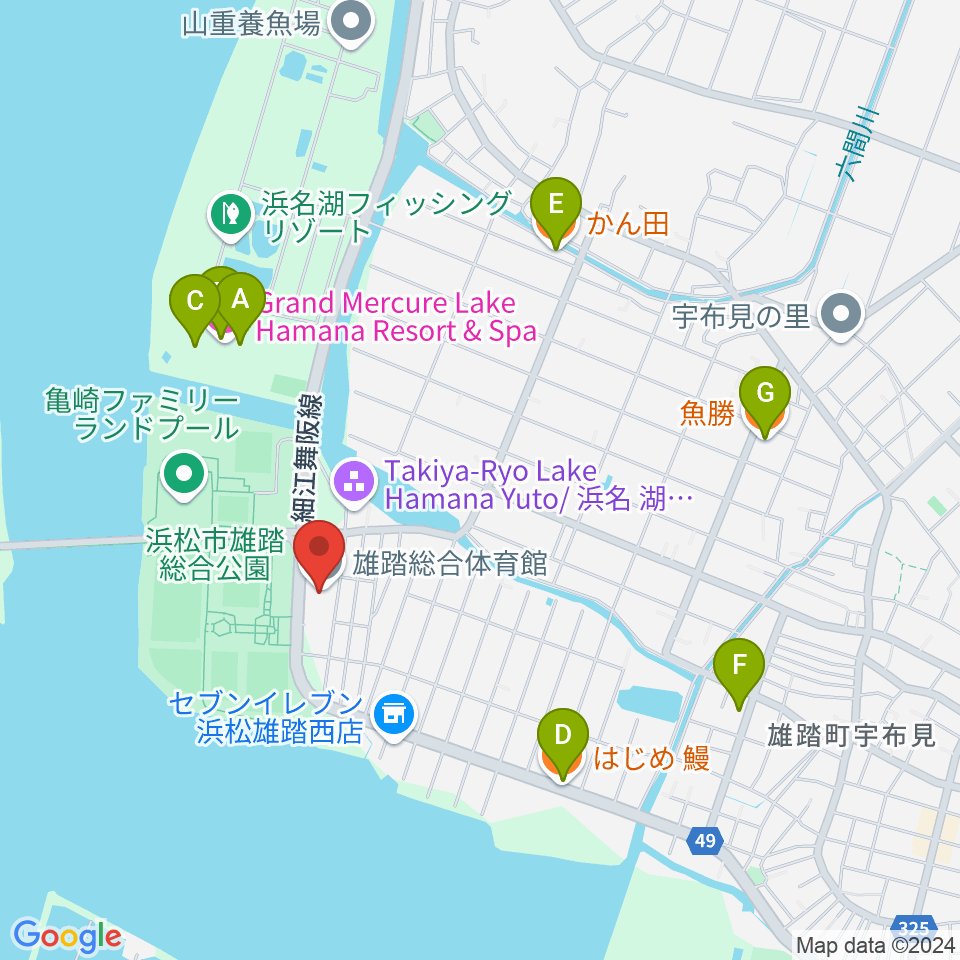 雄踏総合体育館周辺のファミレス・ファーストフード一覧地図