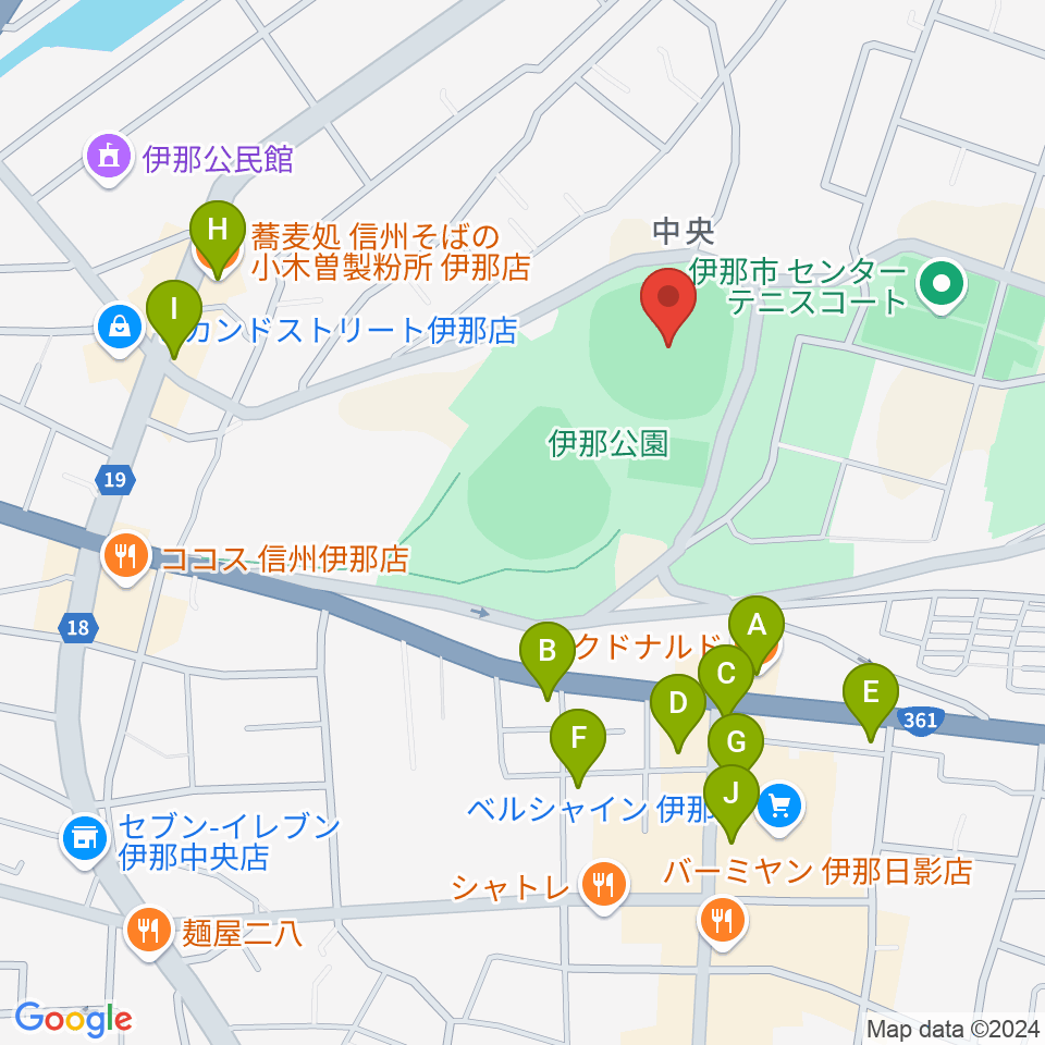 伊那ニッパツスタジアム周辺のファミレス・ファーストフード一覧地図