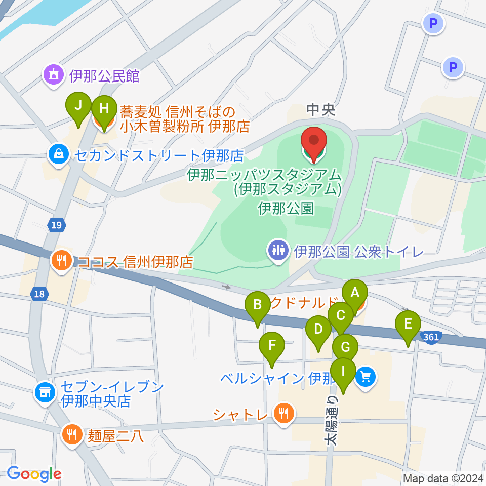 伊那ニッパツスタジアム周辺のファミレス・ファーストフード一覧地図