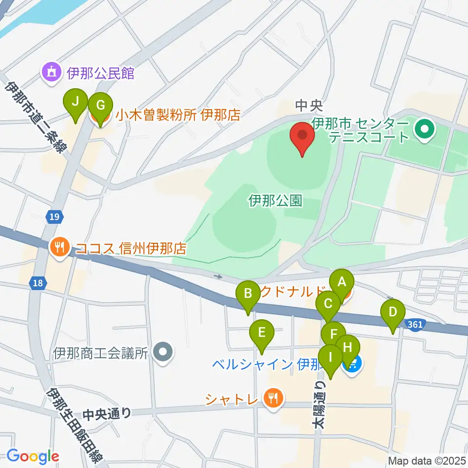 伊那ニッパツスタジアム周辺のファミレス・ファーストフード一覧地図