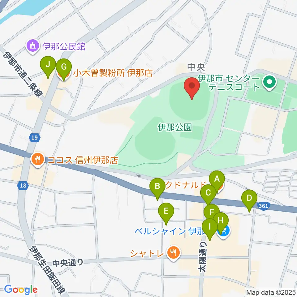 伊那ニッパツスタジアム周辺のファミレス・ファーストフード一覧地図