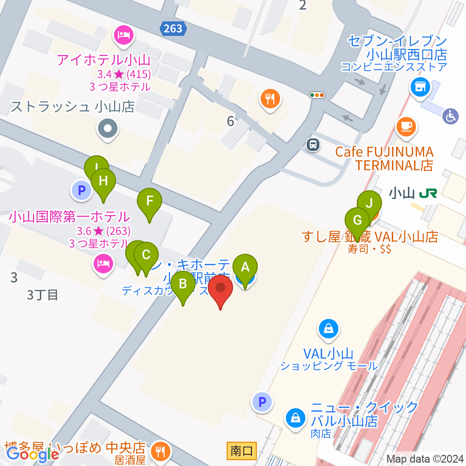 小山シネマロブレ周辺のファミレス・ファーストフード一覧地図