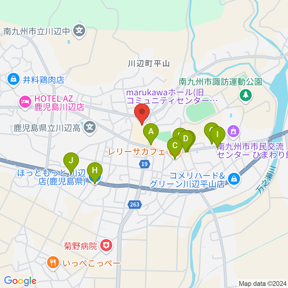 marukawaホール 川辺文化会館周辺のファミレス・ファーストフード一覧地図