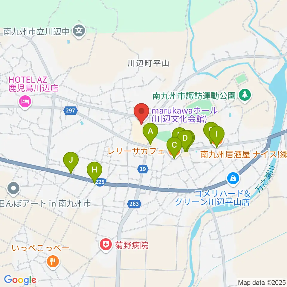 marukawaホール 川辺文化会館周辺のファミレス・ファーストフード一覧地図