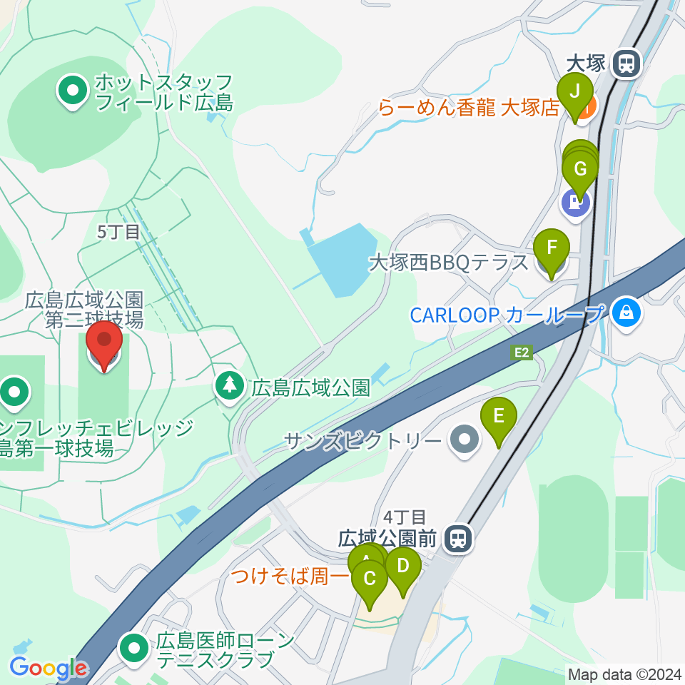 広島広域公園第二球技場周辺のファミレス・ファーストフード一覧地図