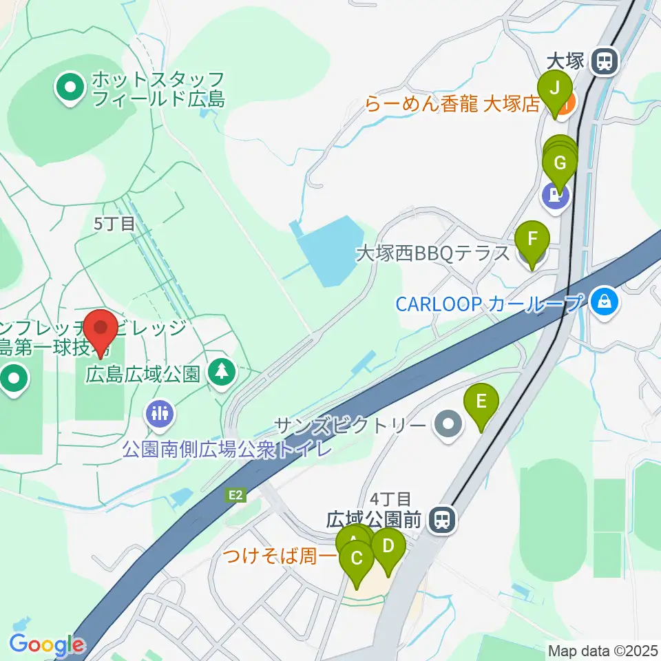 広島広域公園第二球技場周辺のファミレス・ファーストフード一覧地図