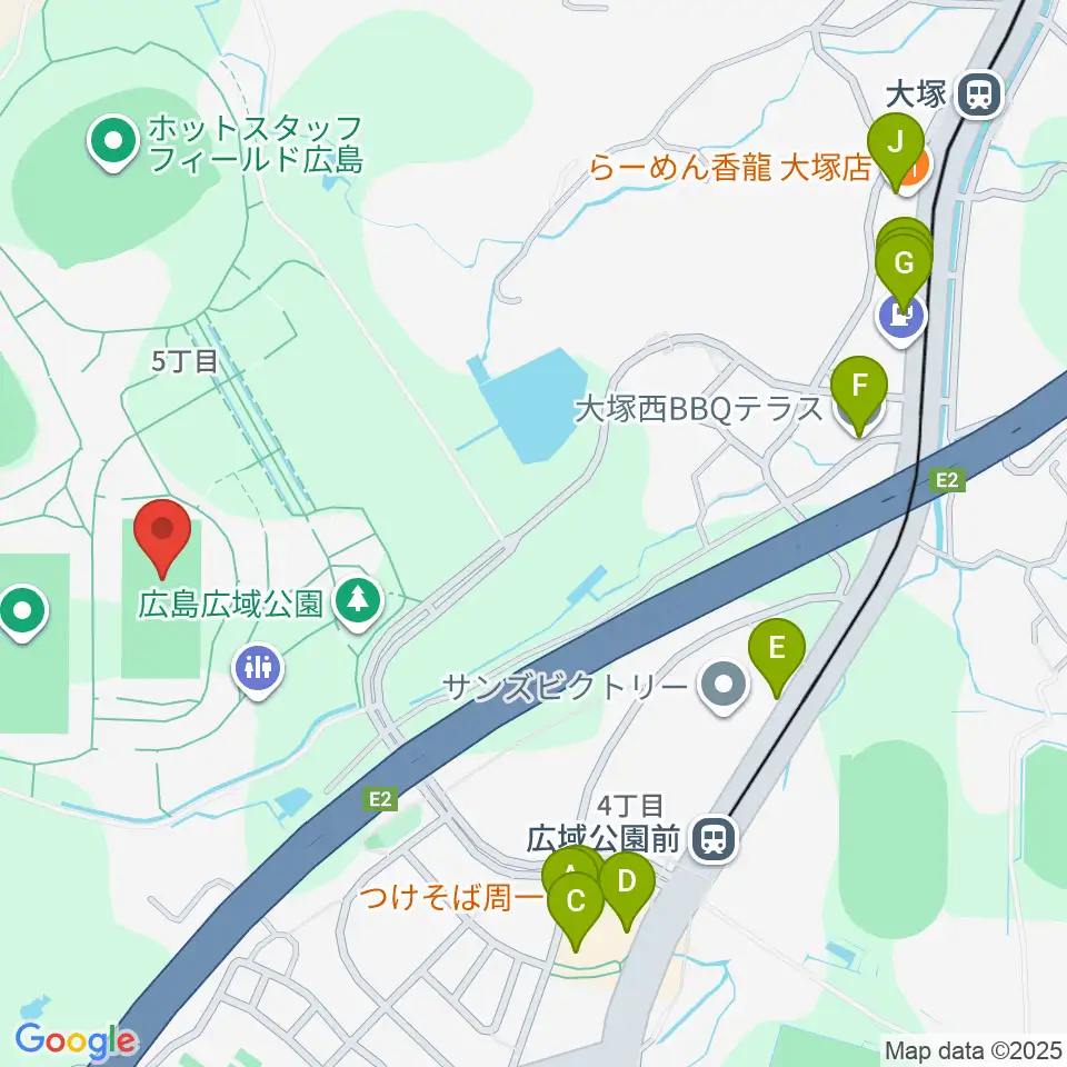 広島広域公園第二球技場周辺のファミレス・ファーストフード一覧地図