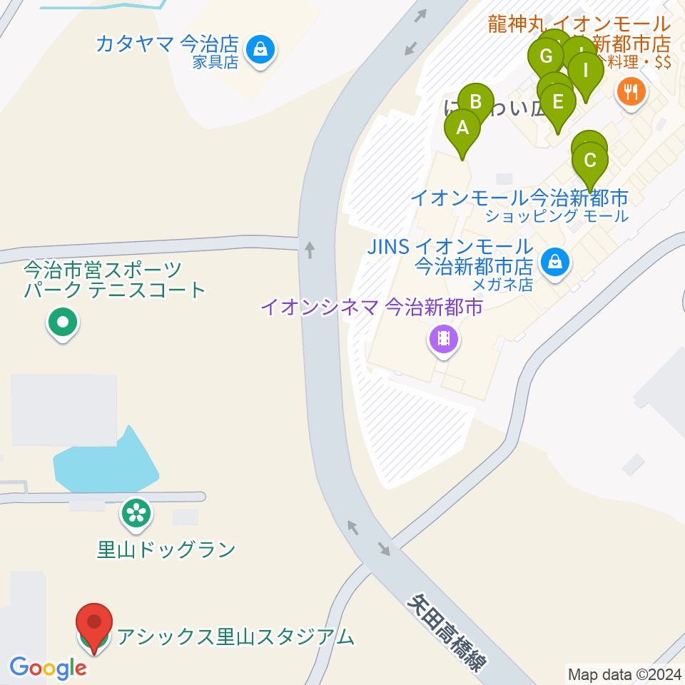 アシックス里山スタジアム周辺のファミレス・ファーストフード一覧地図